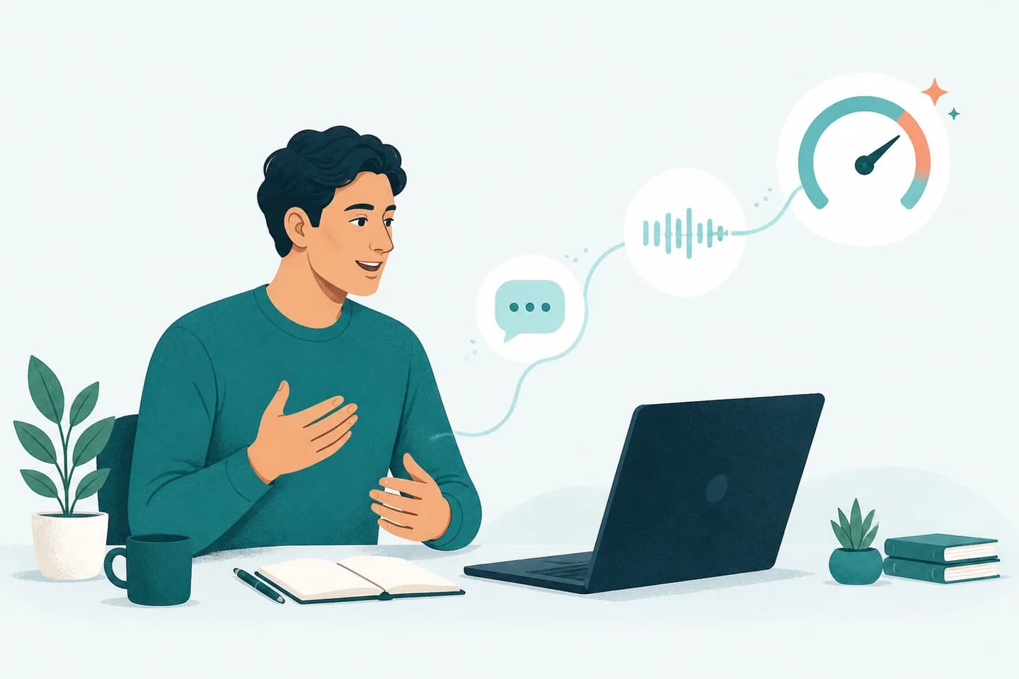 A job candidate speaking to an AI interviewer on a laptop, with symbols for conversation, voice analysis and feedback